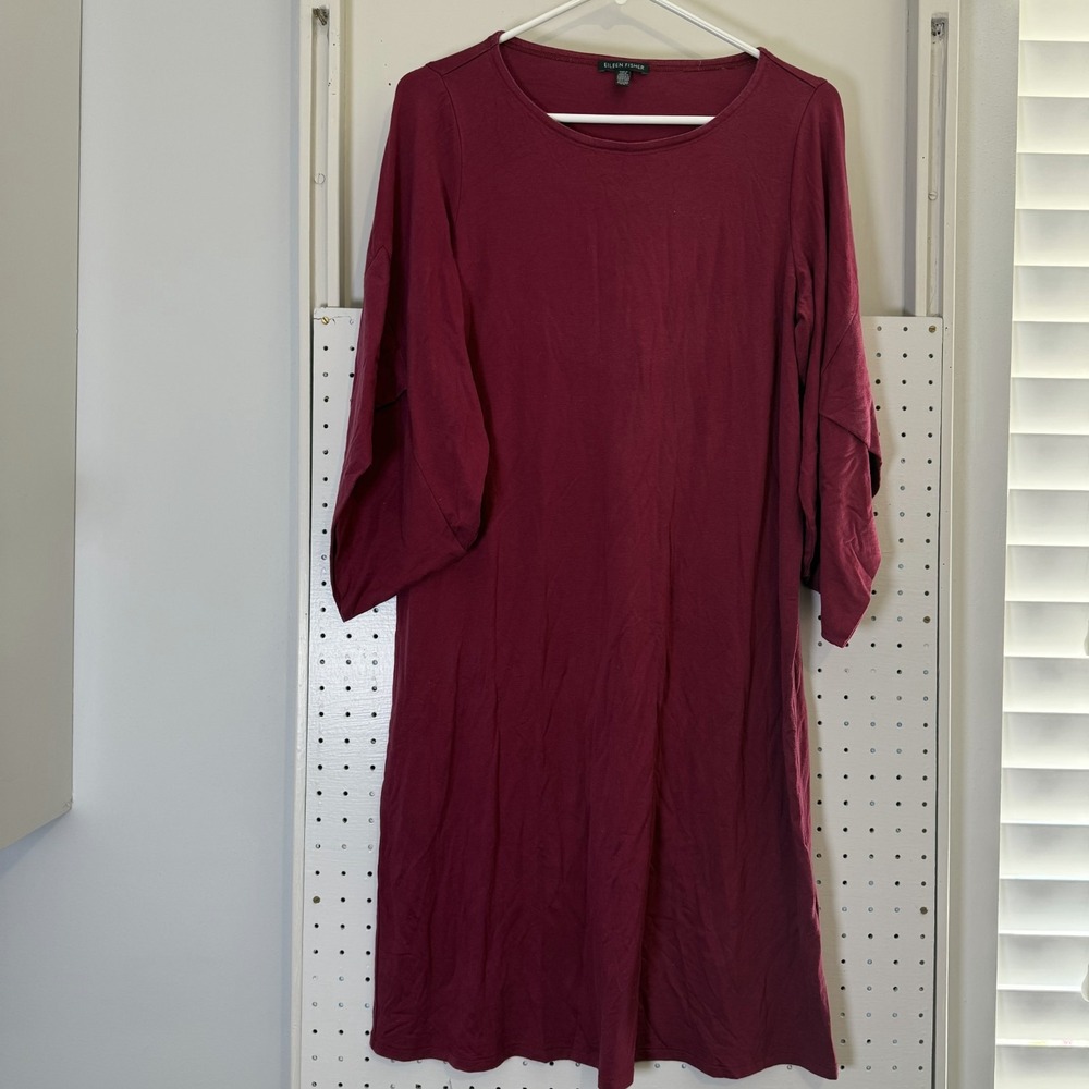 Eileen Fisher Shift Dress Women's Small Maroon Tencel Ballet Neck 3/4 Sleeve